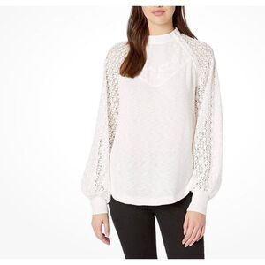 Free People Sweetest Thing White Embroidered Lace Long Sleeve Thermal Top Size L